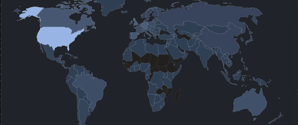 World map of visits. The United States is the brightest region, followed by Europe, Canada, Australia and Brazil.